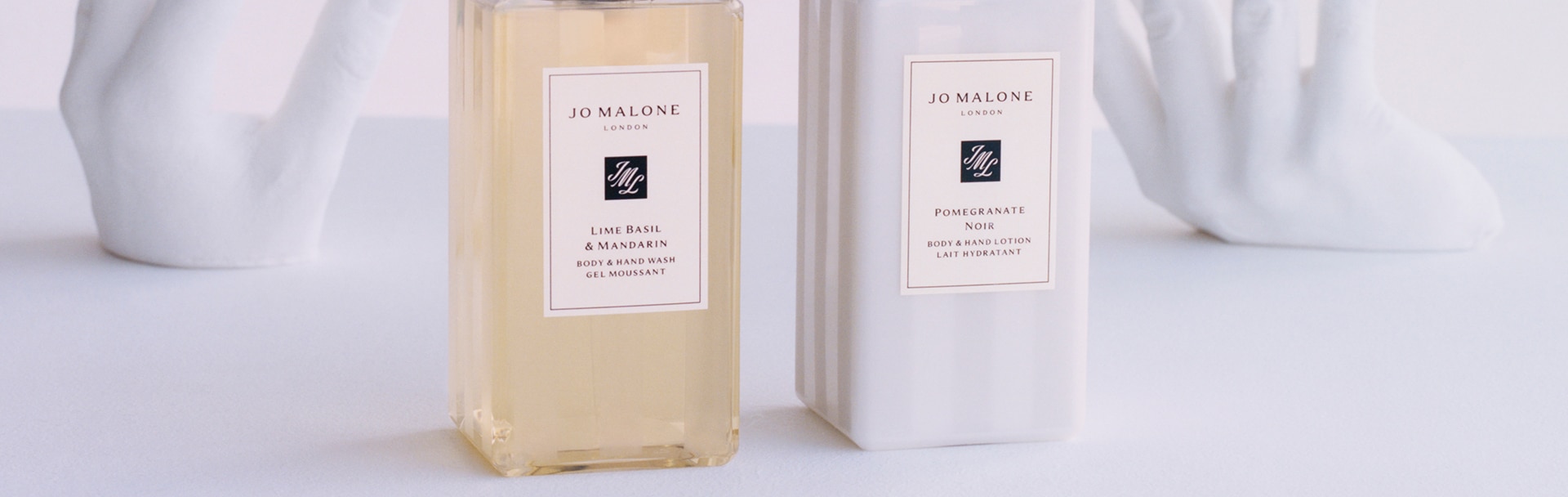 Jo Malone London iconic wash & lotion on a ceramic display tray. 